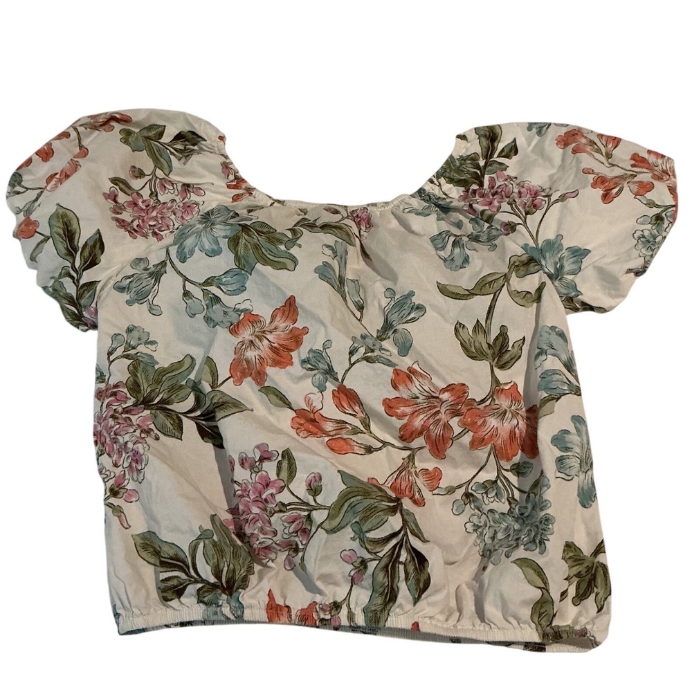 Floral Blouse Women Large Cream Pink Blue Puff Sleeve Crop Top - Picture 6 of 8